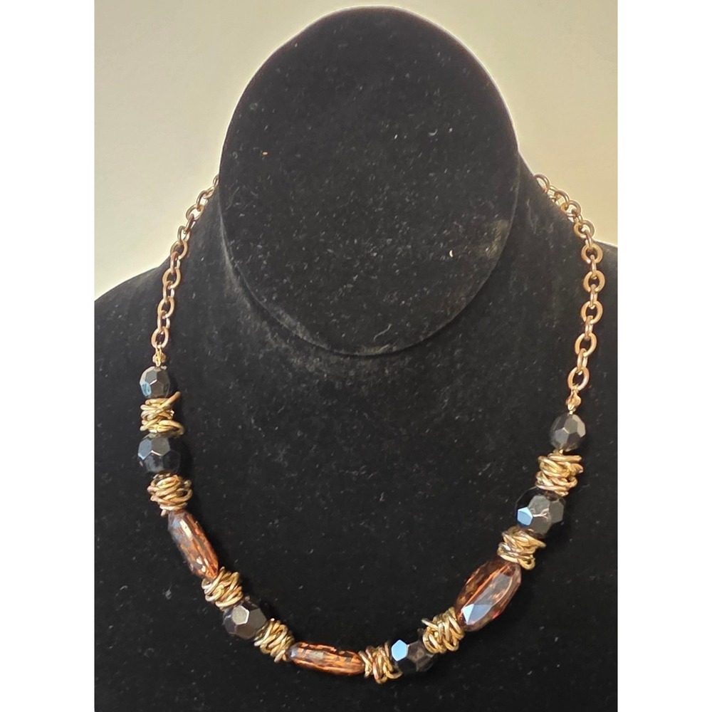 Vintage Necklace Glass Beaded Black & Leopard Print Metal Coil Accent Gold Tone